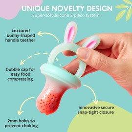 Vesta Baby Fruit Feeder – 2 Größen weiches Silikon gefrierbar frische Lebensmittel Knabber für sichere Säuglings-Selbstfütterung – Feste Nahrung Entwöhnung Schnuller & Beißring Set – Bunny Zahnen