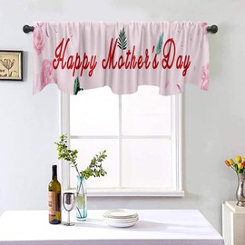 DOTOOMA 54x18 Inches Happy Mother's Day Window Treatment Valance Pink Roses Ribbon Green Leaves Petal Theme Polyester Fabric Decorations Supplies Kitchen Dining Room