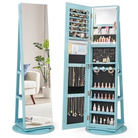GOFLAME 360° Rotating Jewelry Cabinet with Full-Length Mirror, Freestanding Jewelry Armoire with 3-Color LED Light and Back Storage Shelf, Lockable Jewelry Organizer for Bedroom Cloakroom, Sky Blue