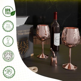 vaanshie 17oz Stainless Steel Wine Glasses [Set of 2]–Rose Gold Royal Goblets with Intricate Baroque Engravings, Unbreakable and Shatterproof Wine Cups with Bottle Stopper for Travel
