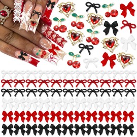 BELICEY 130Pcs 3D Nail Charms Set Red Black White Acrylic Flatback Nail Bows Gold Cherry Heart Charms for Nails Gems and Rhinestones Nail Jewelry for Women Manicure DIY Nail Art Design Crafts