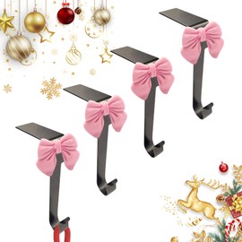 OVS4U Christmas Stocking Holder, Cute Pink Bow Coquette Non-Skid Fireplace Stocking Holders for Mantle, Stocking Garland Hooks Hangers for Xmas Home Party Decoration (Black/4 Pack)
