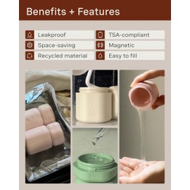 Cadence Travel Containers - Skincare Core Set - Magnetic Travel Capsules - 2 Small (0.56oz) & 3 Medium Capsules (1.32oz) with Cleanser, Moisturizer, Serum, Makeup Remover & Sun-Icon Label - Sand