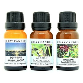 Crazy Candles 3 Bottles Set, 1 Hawaiian Sandalwood, 1 Egyptian Sandalwood, 1 Arabian Sandalwood 1/2 Fl Oz Each (15ml) Premium Grade Scented Fragrance Oils
