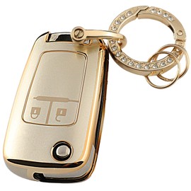 QIULIFAN Key Cover for Vauxhall Opel Insignia Astra Corsa Mokka Meriva Zafira Adam Movano Chevy Aveo Matiz Cruze Captiva Spark Orlando Trax TPU Key Case with Key Ring, Gold