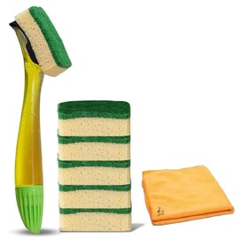 Bonus Pack - 1 Fillable Washing Up Brush With and 6 Replaceable Sponge Head Refills With Zopper Microfiber Cloth