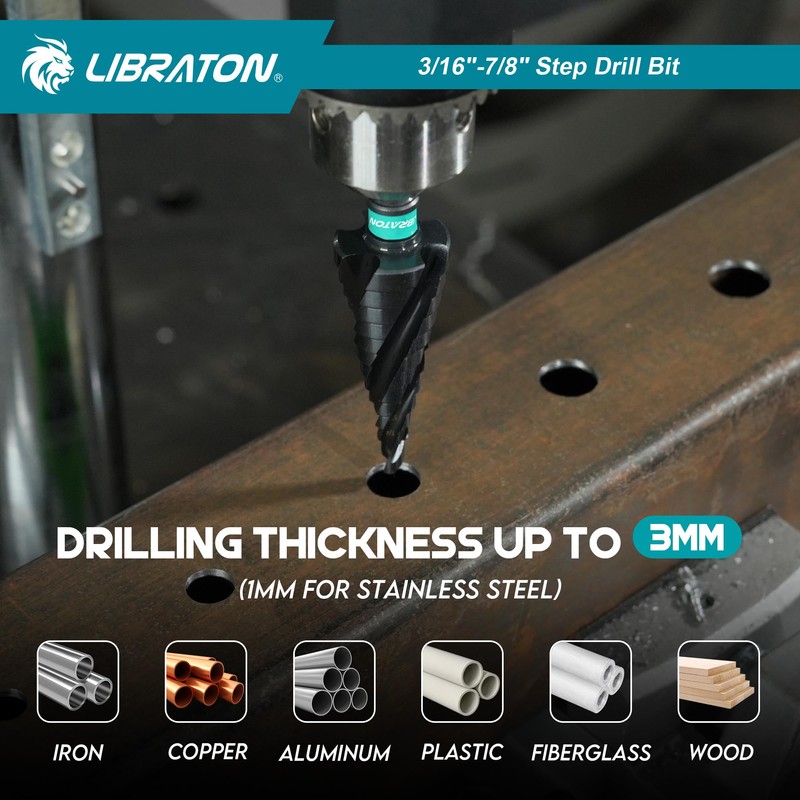 LIBRATON Four Spiral Flute Step Drill Bit, M35 Cobalt Unibit