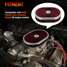 Oval Air Cleaner Filter Assembly Kit with Flow Compatible with GMC Chevy Ford Chrysler Dodge V8 Thru Lid Carburetor 5-1/8" Carb Neck High Flow 12"x2" Black