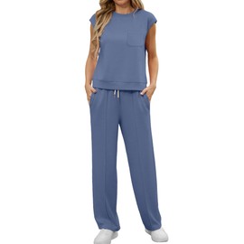 GRECERELLE Two-piece tracksuit, women's summer outfits, tracksuit, short sleeve, casual crew neck cap, sleeve tops and jogging bottoms, tracksuits with pockets, Haze Blue