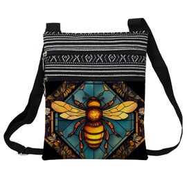 LiuenMgg Stained Glass Bee Messenger Bag Small Ethnic Pattern Printed Adjustable Strap Crossbody Zipper Bag Stained Glass Bee Phone Bag Wallet Cute Shoulder Handbag for Women