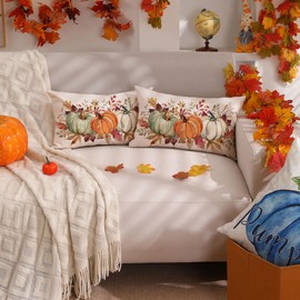 DFXSZ Fall Pillow Covers 12x20 Inch Fall Thanksgiving Orange White Green Pumpkin Maple Leaf Lumbar Pillow Covers Polyester Fall Decoration for Home Couch YTZ073-C12