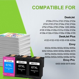 3 Packs 67XL Ink Cartridges Black and Color Combo Pack Replacement for HP 67 67 XL Ink for Envy 6000 6055 6055e 6400e 6455e 6458e Deskjet 2742e 2752e 2755e Envy Pro 6455 6458 (2 Black,1 Tri-Color)