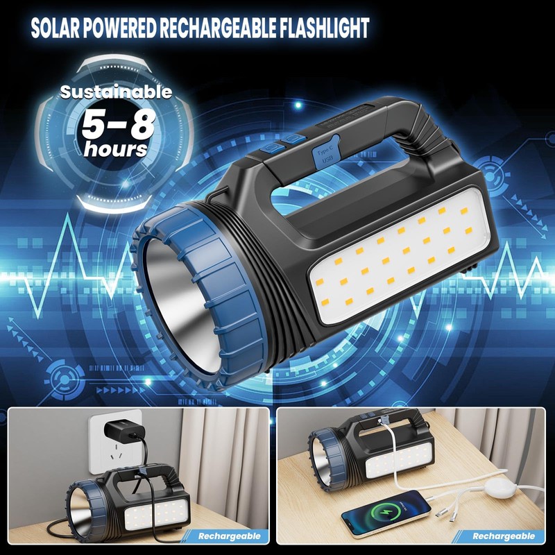 E-SHIDAI Solar Flashlight，Solar Powered Flashlight for Multi Function 8000 Lumens