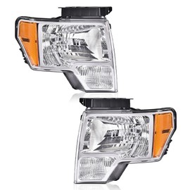 PIT66 Headlight Assembly Compatible with 09-14 Ford F150 2009-2014, Left and Right Driver & Passenger Halogen Headlamp (Basic Style, Clear Lens Chrome Housing Amber Reflector)