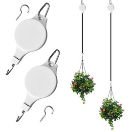 EAEDMY 2 Pack Retractable Plant Pulley Adjustable Hanging Flower Basket Hooks for Hanging Plants Heavy Duty, Indoor Outdoor Plant Hanger for Garden Baskets Pots & Birds Feeder - White (2, Hook Type)