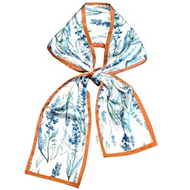 GIMIRO Satin Silk Scarf Double Layers 150 x 16 cm Tie Flowers Waist Belt for Blazer, Coat, Dress, 4# Orange/Blue Flower