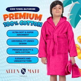 ALLEN & MATE Children 100% Terry Cotton Quick Dry Hooded Bathrobe for Kids Boys Girls Dressing Gown with Head Towel & Pockets (8-9 Years, Orchid)