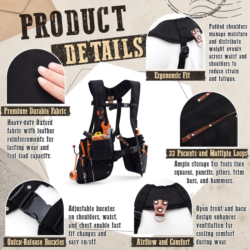 1 Pack Tool Vest with Leather, 33 Pockets with Removable