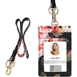 ID Badge Holder with Lanyard, Vertical Flower ID Badge Card Holder with 1 Clear ID Window, 4 Credit Card Slots and a Detachable Neck Lanyard (Floral Pattern 1)