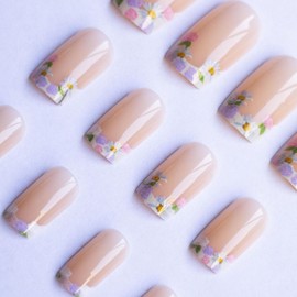 24 Pcs Floral Press on Nails Extra Short Square Shaped Fake Nails French Tip Spring False Nails with Pink White Purple Flower Design Full Cover Glossy Acrylic Nails Stick on Nails for Women Nail Art