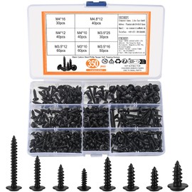 Pack of 350 Self-Tapping Screws, Black Tapping Screws, Wood Screws, Flat Head Phillips Body Screws Assortment Set, Carbon Steel Phillips Drywall Screw, M3 M3.5 M4 M4.8