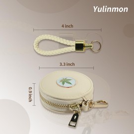 Yulinmon Beige PU Leather Round Coin Purse with Braided Wrist Strap, Metal Enamel Mark, Golden Clasp and Zipper, Small Change Pouch Wallet,Coin Organizer, Change Holder for Women (Leaf Emblem)