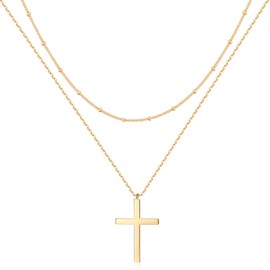MEVECCO Gold Layered Cross Necklace for Women,18K Gold Plated Cute Faith/Jesus Charm Satellite Bead Chain Necklace