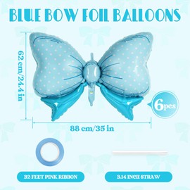 6 Pcs Blue Bow Balloons for Girls, 35 Inch Bow Foil Balloons,Blue Bows Gender Reveal Decorations for Birthday Party Wedding Baby Shower Mouse Party Decoration (Blue)
