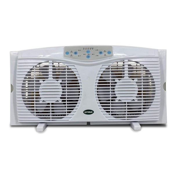 Optimus F-5286 Reversible Twin Window Fan with Thermostat and LED, 8-Inch, White