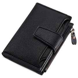 Cartera para Mujer Pequeña, Carteras de Cuero Plegable y Compacta, con RFID Bloquea, Tarjetero de Crédito, Mini Monedero de Viaje con Cremallera y 4 ID Ventana, Regalos para Mujer (Negro)