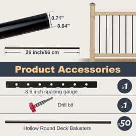 Belinova 25 Pack Hollow Round Deck Balusters 26" Balusters for Deck Railing Aluminum Deck Spindle Staircase Balusters Deck Railing Equipped with a Drill Bit + a Hole Position Ruler