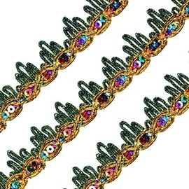 Length15 Yards，Width 4cm/1.57Inch, Green & Gold Sequins Lace Trim Craft Ribbon Decorated Gimp Trim for Wedding Bridal,Performance Costumes or Jewelry, Crafts and Sewing (Green & Gold -25mm)