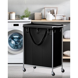 SOBECHOI Laundry Basket with Wheels, 3-Section Rolling Laundry Hamper, 52.8 Gallons (200L), Removable Liner and Steel Frame - Steel Frame with Handle - Ink Black, 31.4 x 15.5 x 32.6 Inches