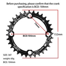 Jane Eyre Bicycle Chainrings 104 BCD 32T 34T 36T Narrow Wide Single Chainring, Round Narrow Wide Chainring for Road Bike Mountain Bike BMX MTB (Black 36T)