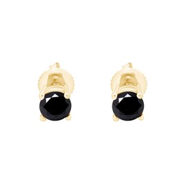 IGI Certified Round Brilliant Cut Black Diamond Screw Back Stud Earrings 10k Solid Yellow Gold (Black Color, I2-I3 Clarity)