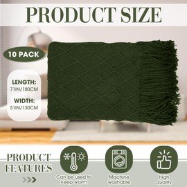 VitalCozy 10 Pcs 51" x 71" Knitted Throw Blankets with Tassel Soft Warm Rhombus Textured Blankets for Graduation Season Employee Gifts Teacher Volunteer Appreciation Gifts Bulk(Green)
