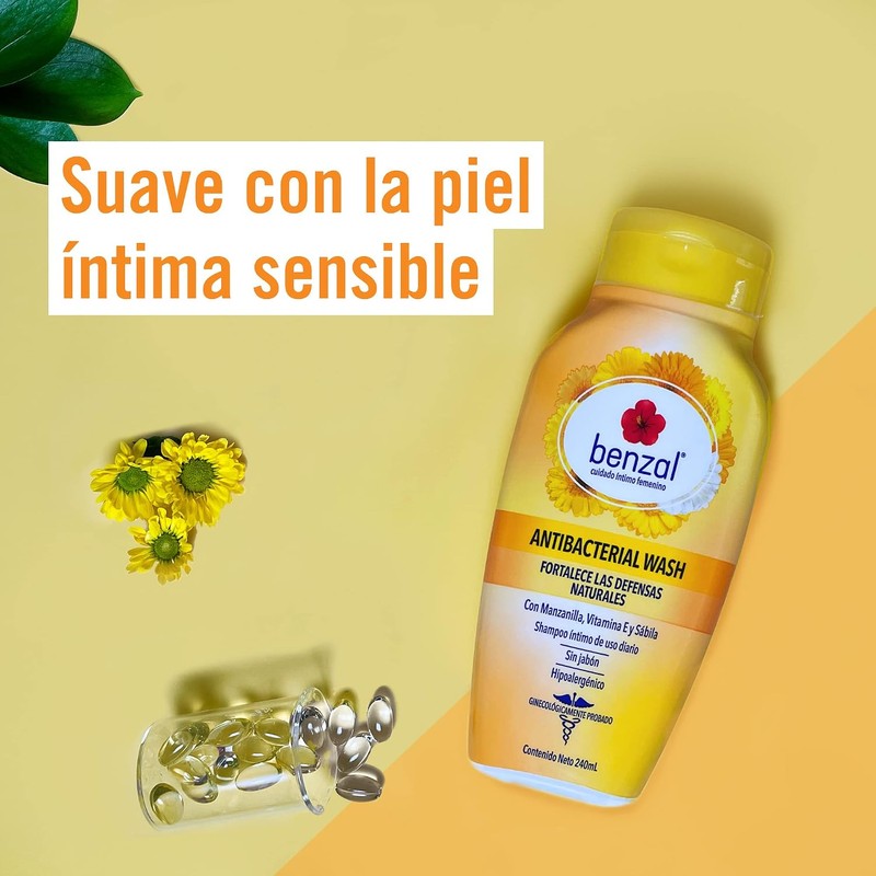 Benzal Wash Jabón Íntimo Femenino, Manzanilla, Antibacterial, 240ml