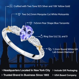 Gem Stone King 925 Silver 10K Yellow Gold Pear Shape Blue Tanzanite White Moissanite and White Lab Grown Diamond Engagement Ring For Women (0.95 Cttw, Gemstone December Birthstone, Size 8)