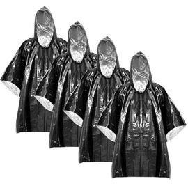 SQAQS 4Pcs Emergency Survival Poncho, Emergency Foil Blanket, 100*130cm, Thermal Emergency Raincoat Poncho, for Outdoor, Mountain Climbing, Cycling, Hiking, First Aid, Rainy Days (Black)