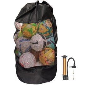 Bramble - Heavy Duty Extra Large Mesh Net Drawstring Ball Bag with Adjustable Straps & Ball Pump - 15 Football, Basketball, Netball & Rugby Ball Capacity - 110 x 50 cm
