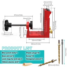 Adjustable Wooden Dowel Pocket Hole Drilling Template Red Oblique Hole Drilling Template Furniture Construction Pocket Hole Jig Set, Dowel Aid Drilling Jig with 2 Pieces 9 mm Drilling Oblique Drilling