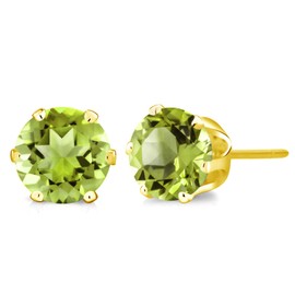 Gem Stone King Natural Green Peridot Earrings | Round 6MM | 1.60 Cttw | Gemstone Birthstone | Yellow Gold Plated Stud Earrings For Women Men