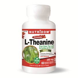 Nutridom Pure L-Theanine 250mg from Decaf Green Tea Leaf, 60 Vegan Capsules, Non-GMO, Relaxation, Stress, Mood & Focus Support without Drowsiness, Product of Canada