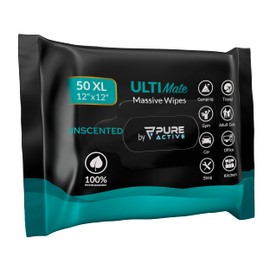 Pure Active XXL Adult Wipes for Elderly, No Rinse Hygiene Wipes for Shower, Travel, and Camping, 12x12 Unscented 50 Pack