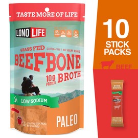 LonoLife Low-Sodium Grass-Fed Beef Bone Broth Powder with 10g Protein, Paleo and Keto Friendly, Stick Packs, 10 Count