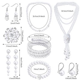 WINSENET 8Pcs Pearl Necklace and Earring Set for Women Faux Pearl Costume Jewelry Set with Bracelets, Necklace, Earrings, Brooch Pin for Wedding Bridal Birthday Party