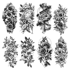 Acevegue Temporary Tattoos for Women, 12 Sheets Realistic Flower Transfer Tattoo Sleeve Stickers Accessories, Black Semi Permanent Fake Tattoo for Adults and Girls Body Art Makeup Decorations