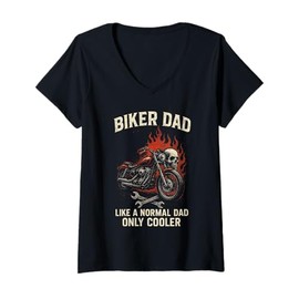 Womens Biker DAD - Motorcycle Skull Flames Rebel V-Neck T-Shirt