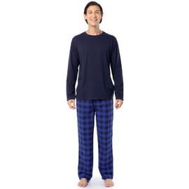IZOD Men's Long Sleeve Jersey Top and Flannel Pants Pajama Sleep Set, Navy/Navy Check
