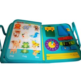 Busy Board - 8in1 Preschool Eary Learning Educational Travel Toys with Life Skill, Alphabet, Number, Shape, Color, Animal and Weather - Gifts for Toddlers Quiet Book, Montessori Learning (Sea Green)